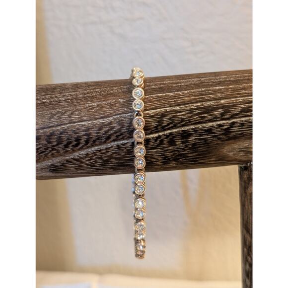 Vintage Bezel Set Silver Tone CZ Tennis Bracelet W/ Fold Over Clasp - Picture 1 of 4